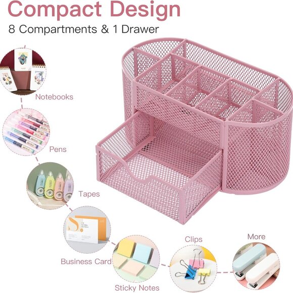 Pink Desk Organizer, Pen Holder for Desk and Accessories, Mesh Desk Organizer wi - Picture 4 of 7